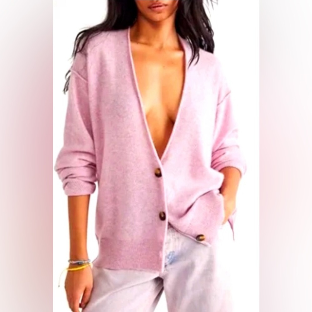 Free People 100% Cashmere Cardigan | Bubblegum Pink, Deep V, Cozy Luxe